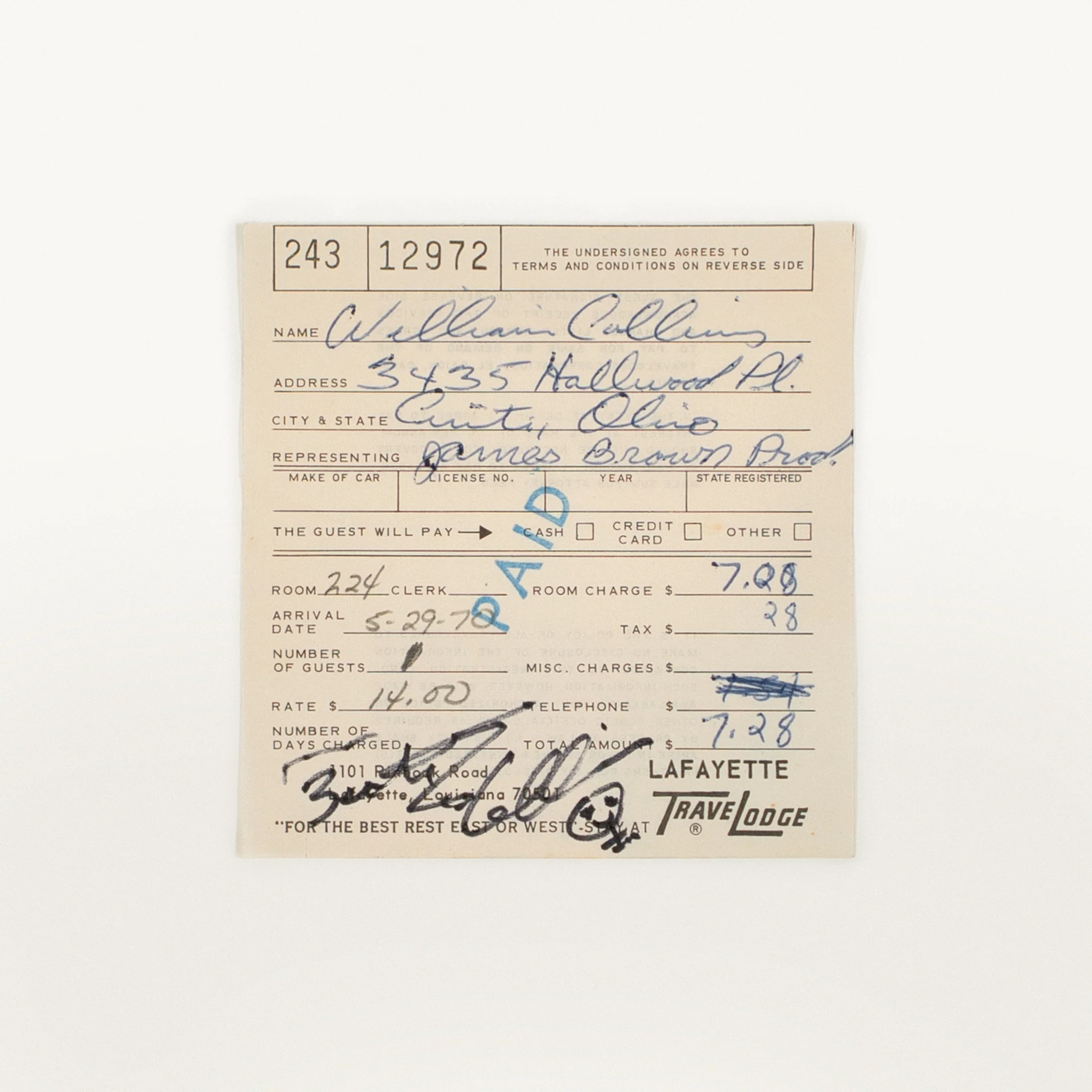 James Brown Productions Tour Hotel Invoice Signed by Bootsy Collins (1972)